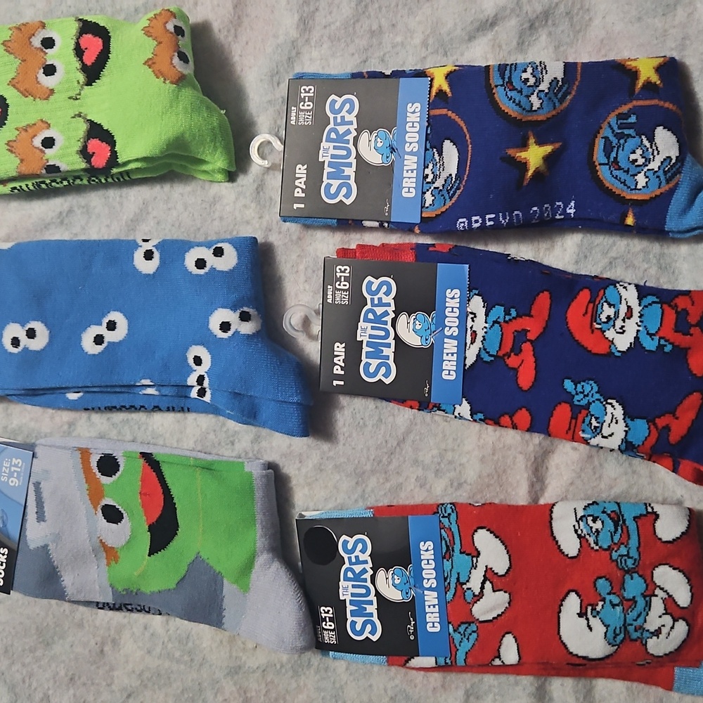 Cookie Monster, Oscar the Grouch and Smurfs socks.